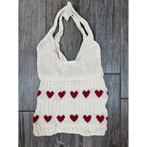 Crochet Knit Bag Red Heart Design Cream White Purse String‎ Shoulder Bag